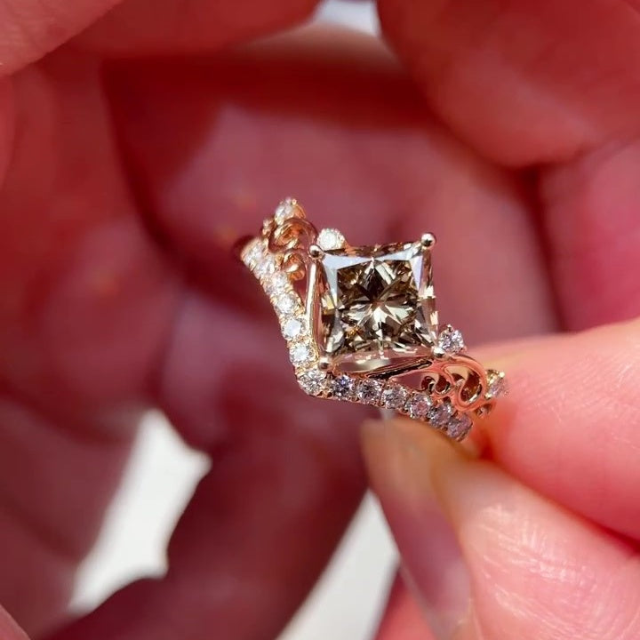 Jzora Handmade Brown Princess Cut Exquisite Filigree Ring