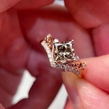Jzora Handmade Brown Princess Cut Exquisite Filigree Ring