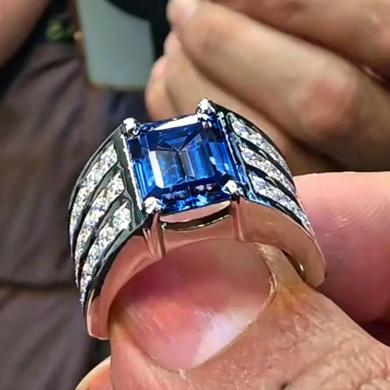 Jzora Handmade Chunky Wide Emerald Cut Sapphire Blue CZ Triple Pave Men’s Ring