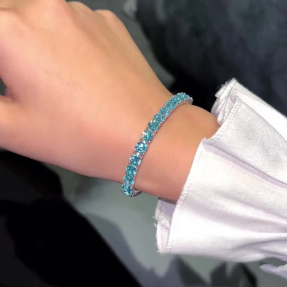 Jzora handmade aqua blue round cut chic tennis sterling silver bracelet