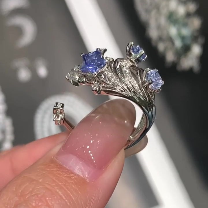 Jzora Handmade Curved Open Star-Shaped Blue Stone Ring