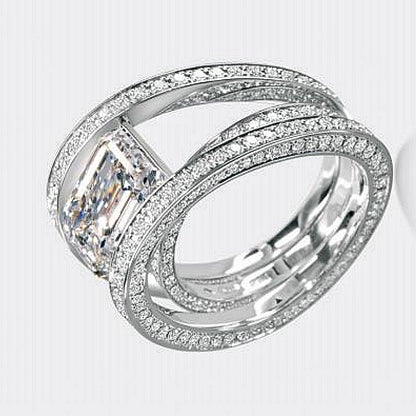 Jzora handmade emerald-cut overlapping moissanite 2pcs sterling silver ring