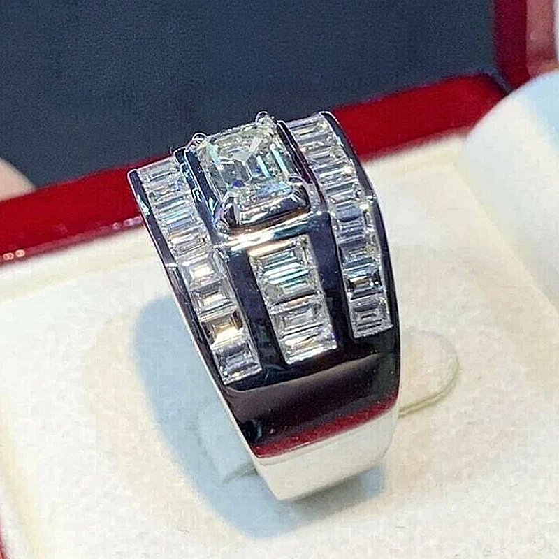 Jzora handmade 2ct emerald cut baguette pavé men's ring