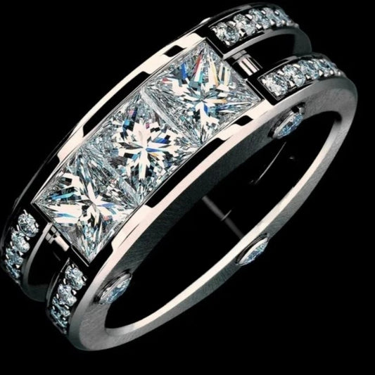 Jzora handmade modern & elegant three stone princess cut men's ring