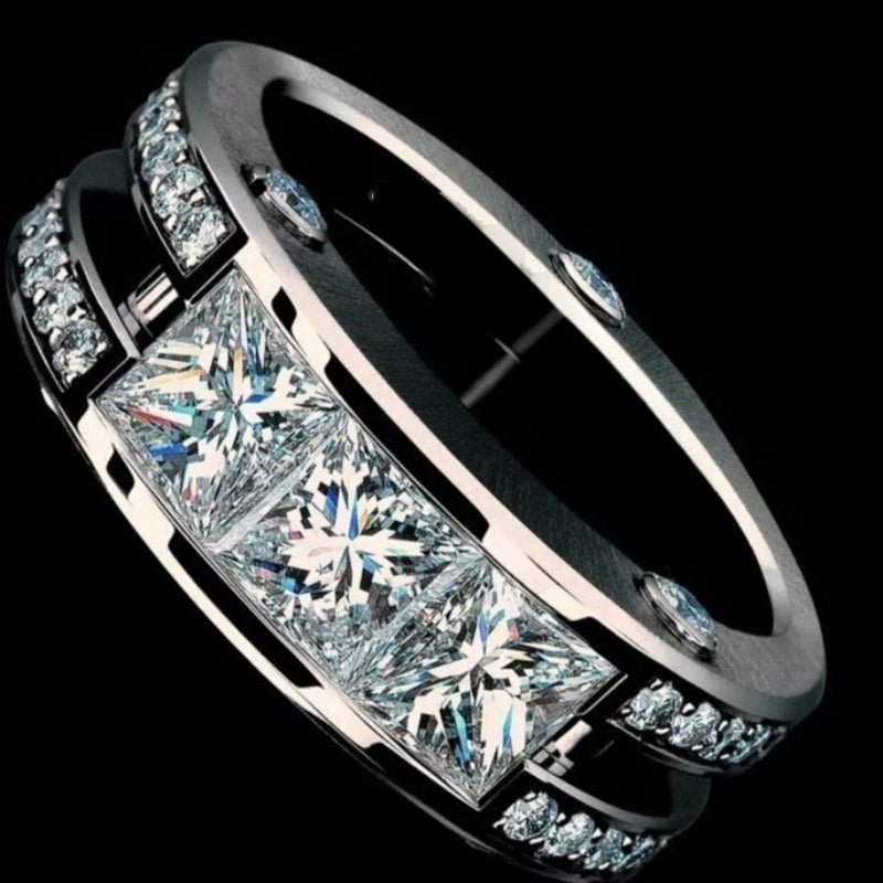 Jzora handmade modern & elegant three stone princess cut men's ring