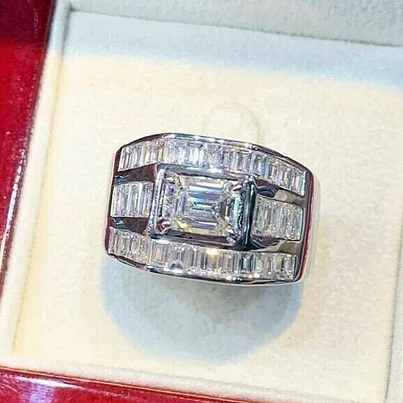 Jzora handmade 2ct emerald cut baguette pavé men's ring