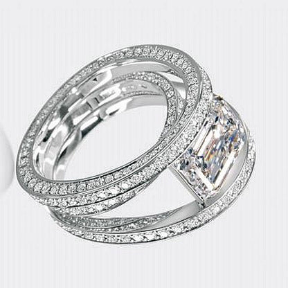 Jzora handmade emerald-cut overlapping moissanite 2pcs sterling silver ring