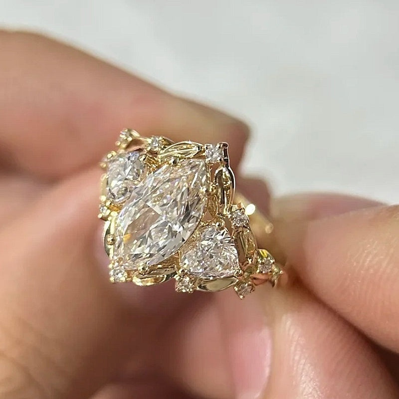 Jzora Handmade 1CT Marquise‑Cut Three‑Stone Vintage Filigree Luxe Sterling Silver Promise Ring