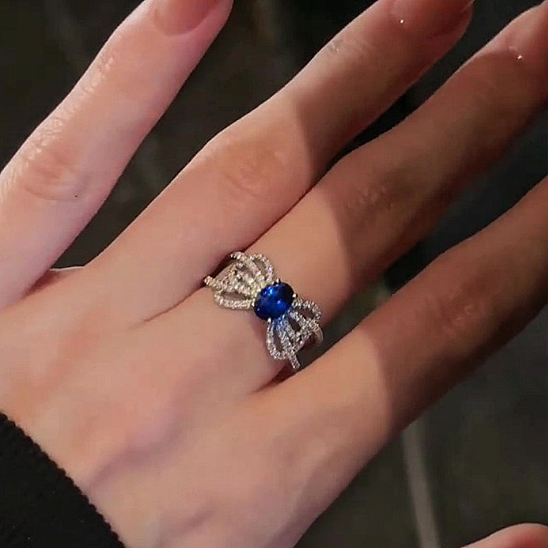Jzora handmade feminine ribbon-inspired sapphire-tone bow pavé statement ring