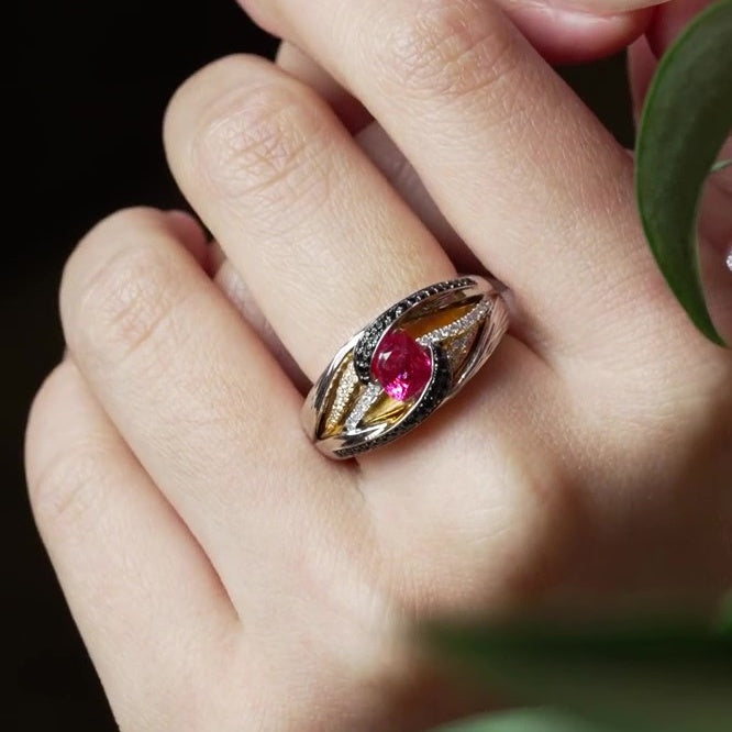 Jzora Handmade Ruby Cushion Cut with Black Unique Ring