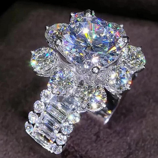 Jzora handmade exquisite round brilliant gemstone cluster halo sparkle sterling silver cocktail ring
