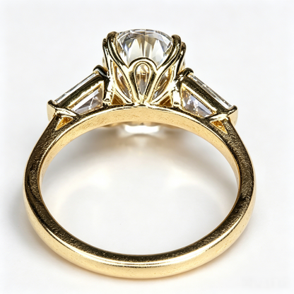 Jzora Handmade Classic Three Stone Oval D-Moissanite & Trapezoid Side Stone Engagement Ring