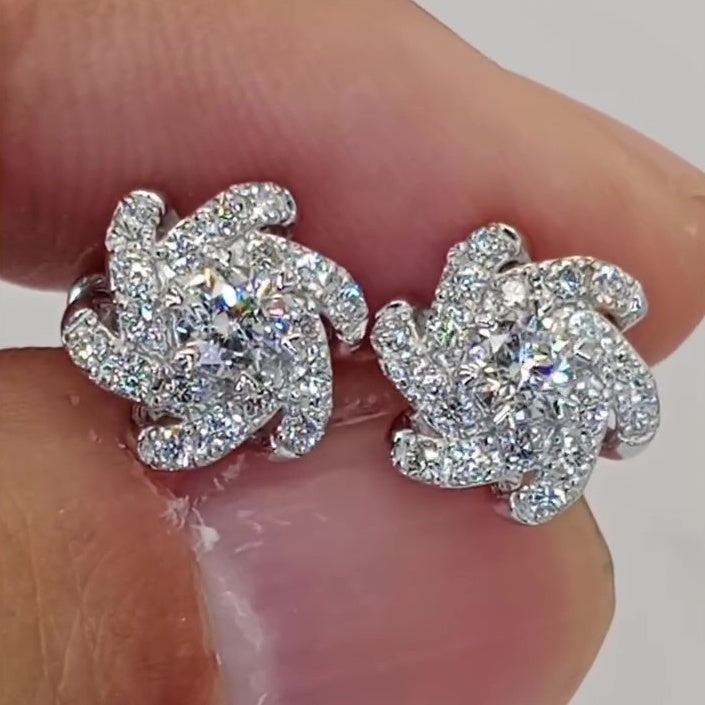 Jzora Handmade Spiral Flower Round Cut Moissanite Stud Earrings