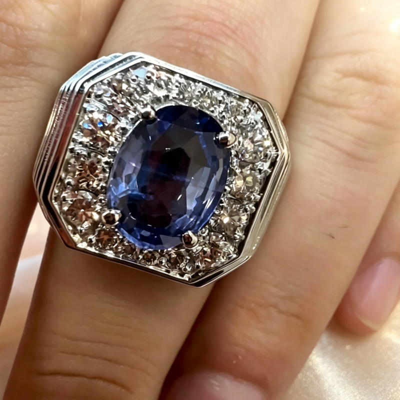 Jzora Handmade Octagonal Halo Oval Sapphire Blue CZ Ridged Wide Band Men’s Ring