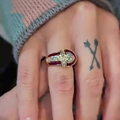 Jzora handmade 0.5ct vintage ruby-inlaid heart center halo glamorous ring