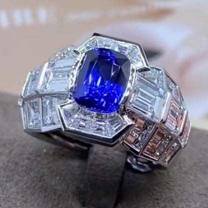 Jzora handmade luxury cushion cut blue sapphire & baguette cz men's ring
