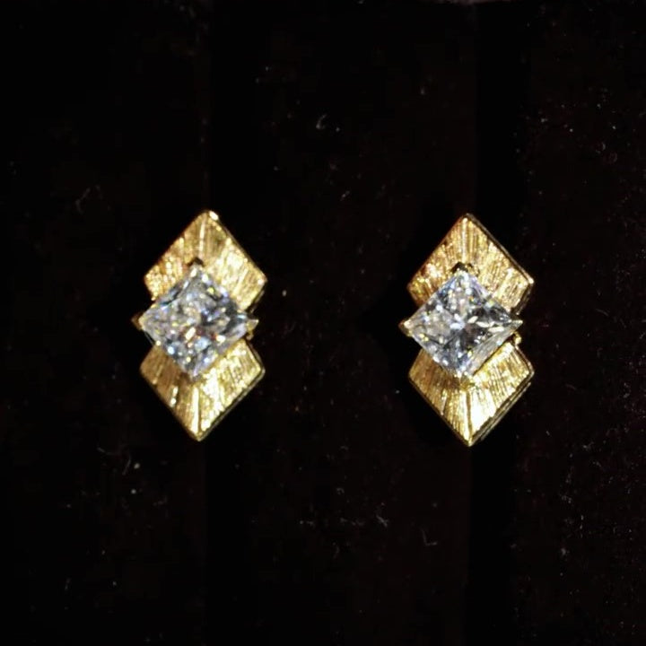 Jzora Handmade Textured Gold Princess Cut Moissanite Stylish Earrings