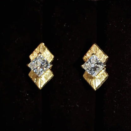 Jzora Handmade Textured Gold Princess Cut Moissanite Stylish Earrings