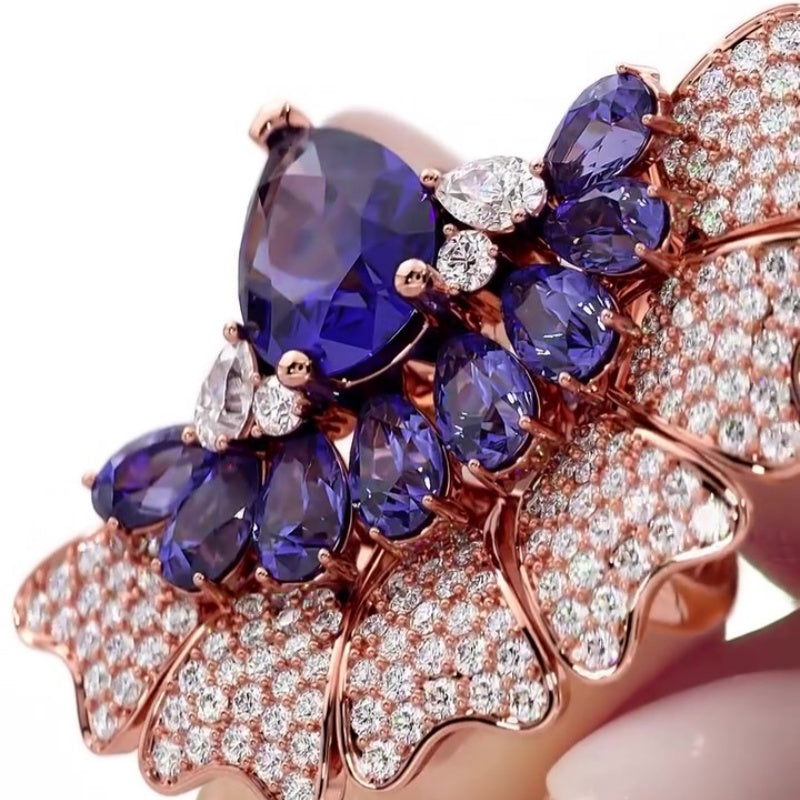 Jzora handmade peacock-inspired fan-like fantasy sterling silver cocktail ring