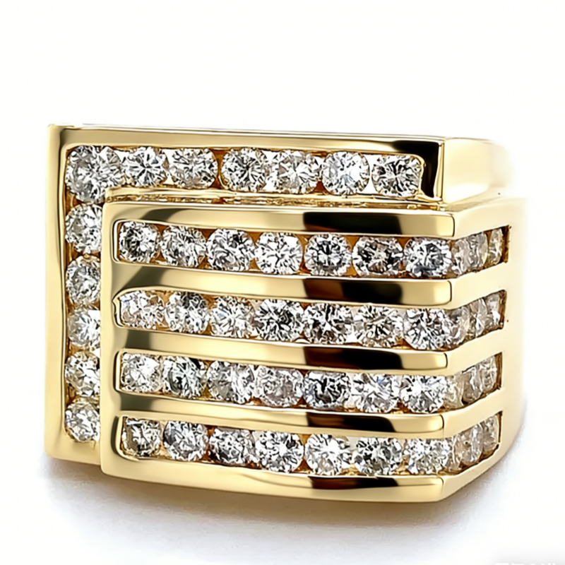 Jzora Handmade Multiple Tiers Channel Set Round CZ Angled Men's Band Ring