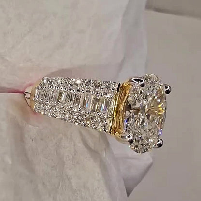 Jzora handmade classic 4ct oval cut baguette pavé sparkling ring