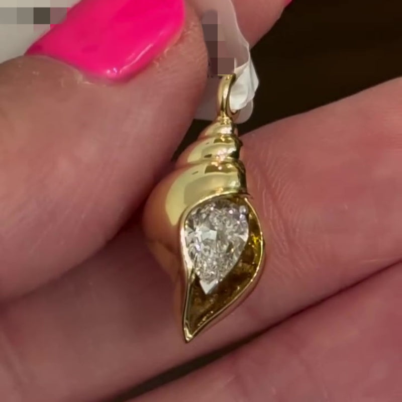 Jzora handmade golden seashell pendant with 0.62ct pear cut sparkle sterling silver necklace
