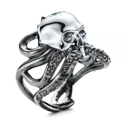 Jzora handmade vintage gothic octopus skull blue topaz men's ring