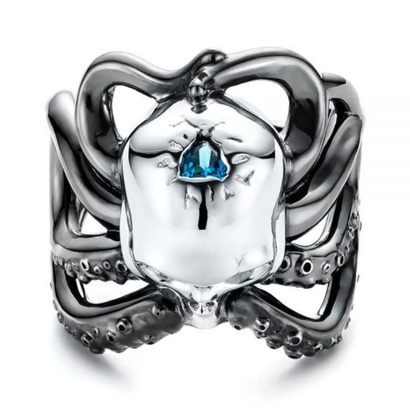 Jzora handmade vintage gothic octopus skull blue topaz men's ring