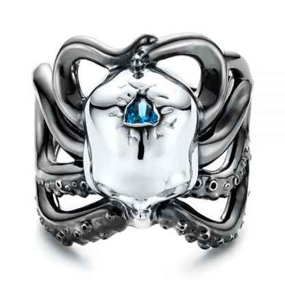 Jzora handmade vintage gothic octopus skull blue topaz men's ring