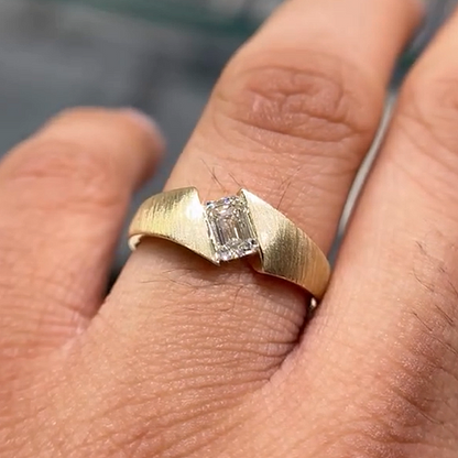 Jzora Handmade Modern Classic Emerald Cut Moissanite Brushed Gold Tone Men's Band Ring