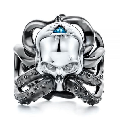 Jzora handmade vintage gothic octopus skull blue topaz men's ring