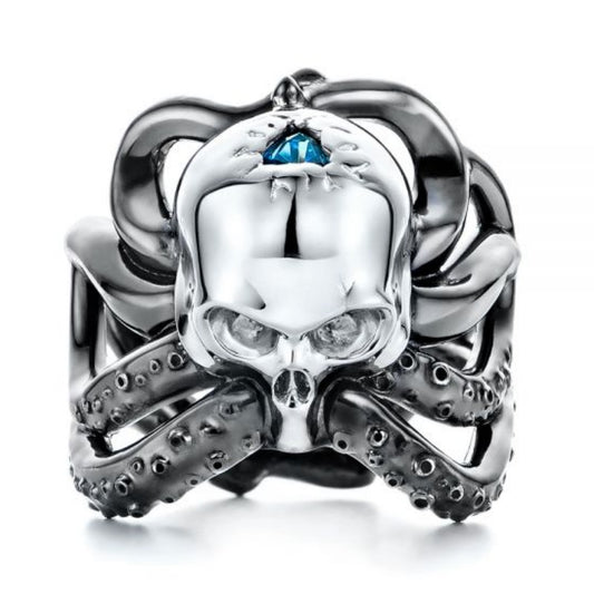 Jzora handmade vintage gothic octopus skull blue topaz men's ring