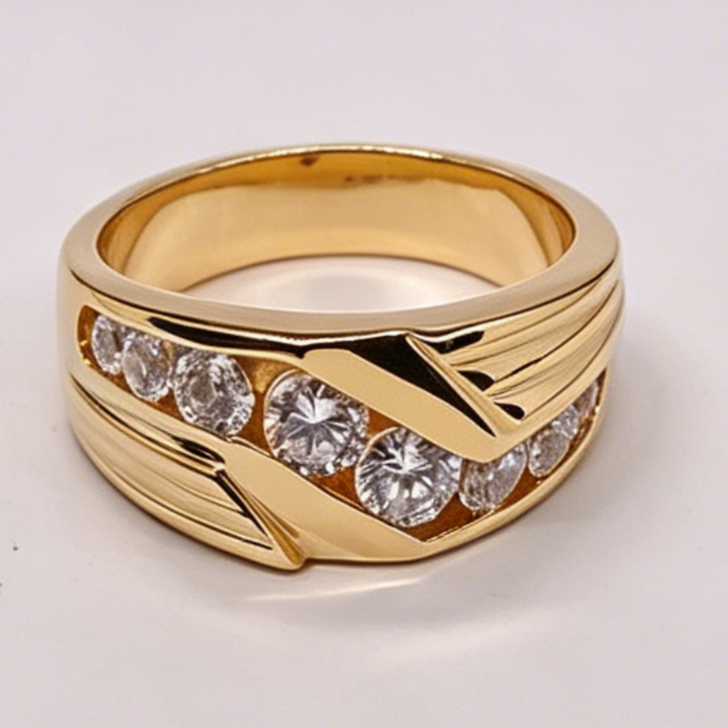 Jzora Handmade Polished Gold Tone Angled Groove Round Moissanite Men’s Ring