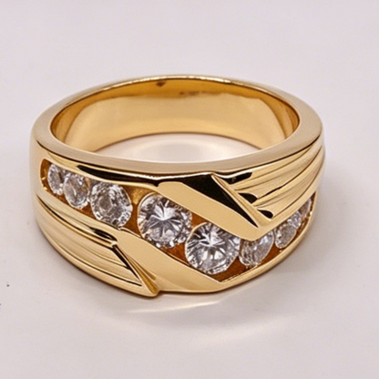 Jzora Handmade Polished Gold Tone Angled Groove Round Moissanite Men’s Ring