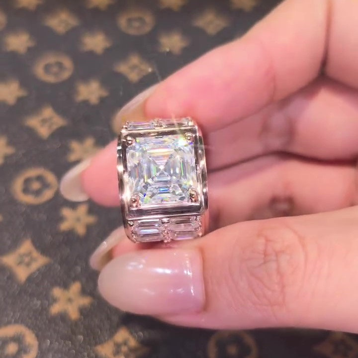 Jzora Handmade Vintage Asscher Cut Men's Statement Wide Band Ring