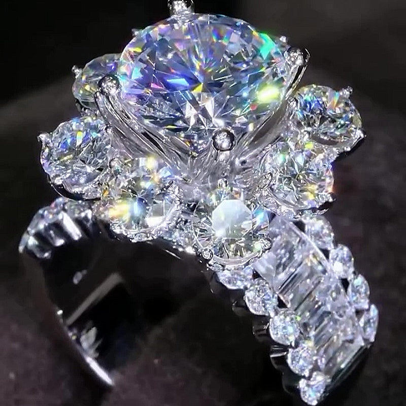 Jzora handmade exquisite round brilliant gemstone cluster halo sparkle sterling silver cocktail ring