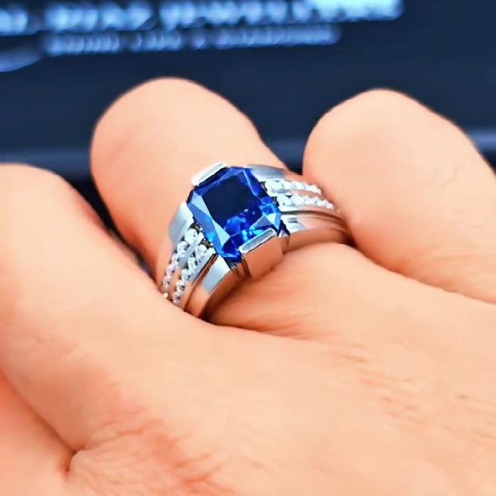 Jzora Handmade Fashion Sapphire CZ Radiant Cut Stylish Men's Ring