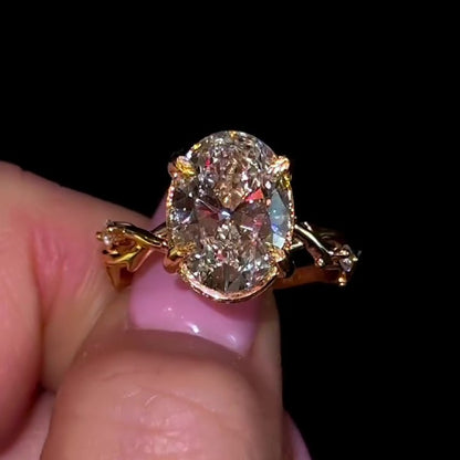 Jzora handmade gold-color 3.5ct oval cut leaf intertwined sterling silver ring