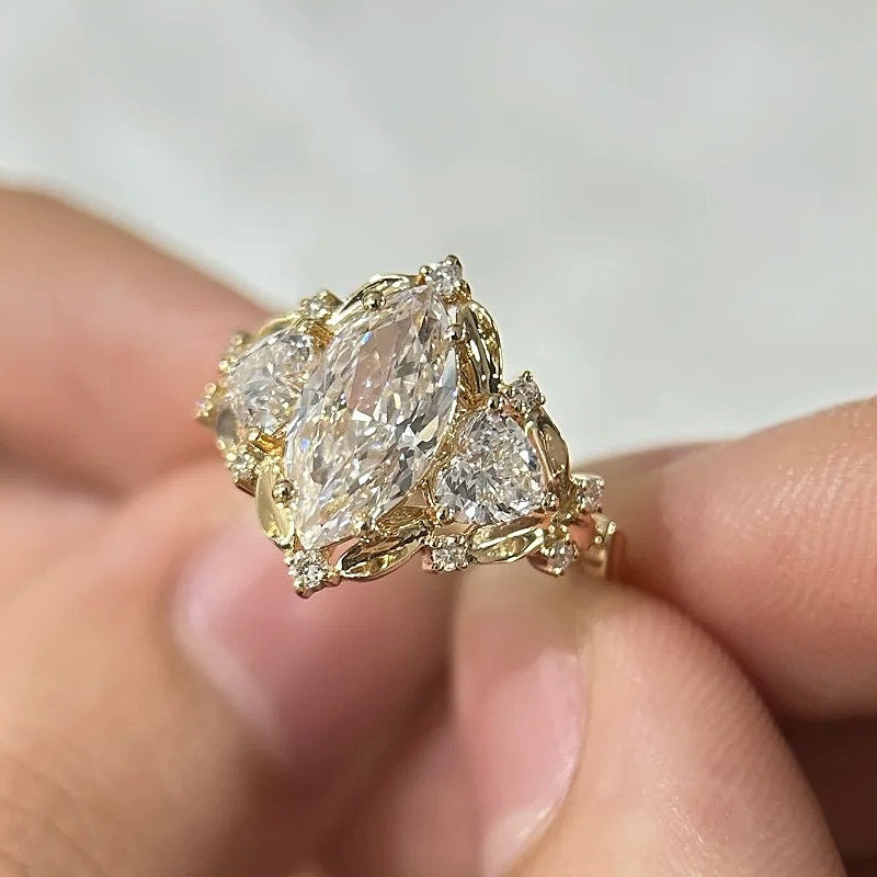 Jzora Handmade 1CT Marquise‑Cut Three‑Stone Vintage Filigree Luxe Sterling Silver Promise Ring