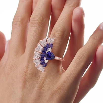 Jzora handmade peacock-inspired fan-like fantasy sterling silver cocktail ring