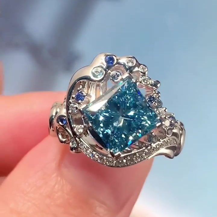 Jzora Handmade Aqua Blue Princess Cut Unique Ocean Wave Design Ring