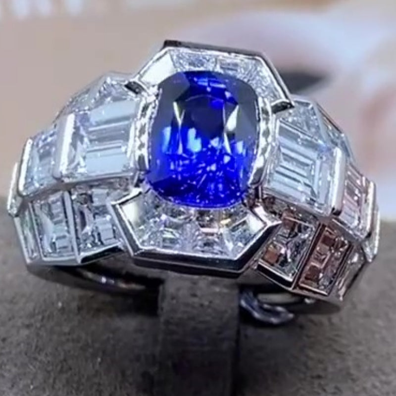 Jzora handmade luxury cushion cut blue sapphire & baguette cz men's ring