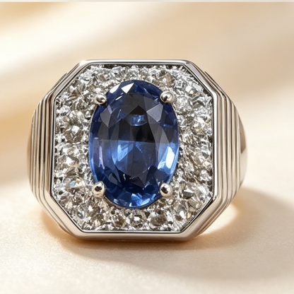 Jzora Handmade Octagonal Halo Oval Sapphire Blue CZ Ridged Wide Band Men’s Ring