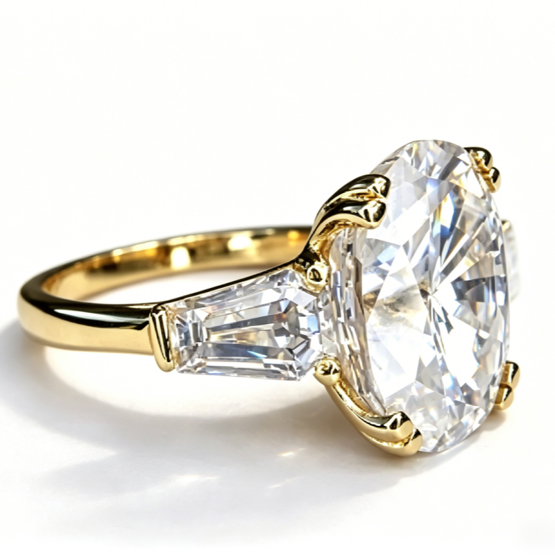 Jzora Handmade Classic Three Stone Oval D-Moissanite & Trapezoid Side Stone Engagement Ring