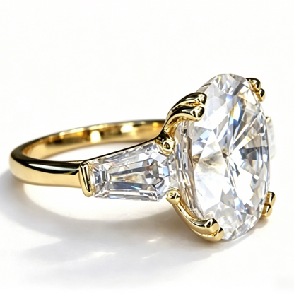 Jzora Handmade Classic Three Stone Oval D-Moissanite & Trapezoid Side Stone Engagement Ring