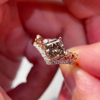 Jzora Handmade Brown Princess Cut Exquisite Filigree Ring