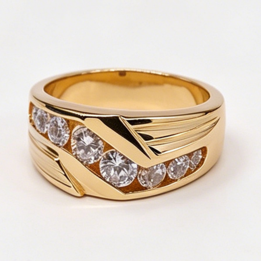 Jzora Handmade Polished Gold Tone Angled Groove Round Moissanite Men’s Ring