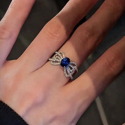 Jzora handmade feminine ribbon-inspired sapphire-tone bow pavé statement ring