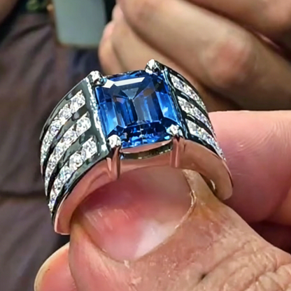 Jzora Handmade Chunky Wide Emerald Cut Sapphire Blue CZ Triple Pave Men’s Ring