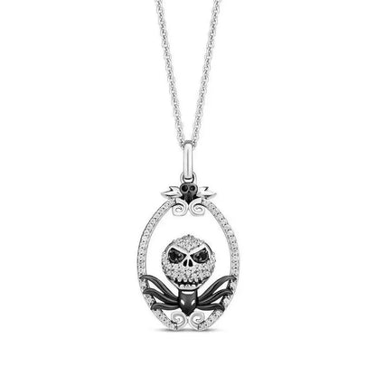 Jzora handmade gothic skull & bat oval frame pendant halloween jewelry sterling silver necklace